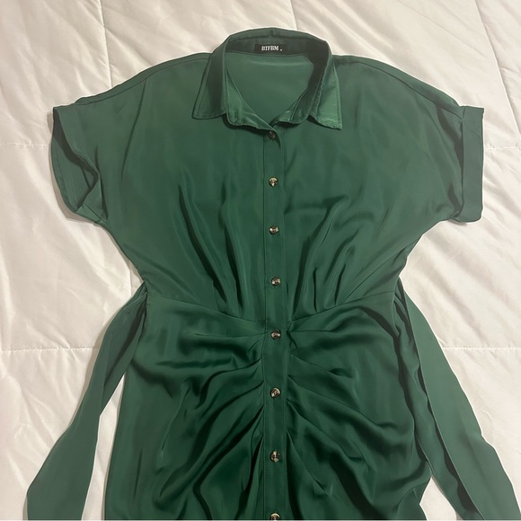 Classy Holiday Christmas Button Down Satin Ruched Shirt Maxi Dress Deep Green - Picture 6 of 6